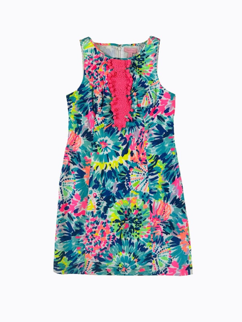 Lilly Pulitzer Adara Shift Dress 4 Dive In Print Pink Crochet Pom Pom Floral
